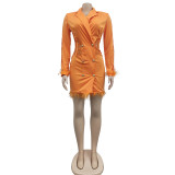 Женская мода V-образным вырезом с длинными рукавами двубортное кружевное платье-блейзер с перьями в стиле пэчворк