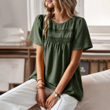 Spring Summer Loose Women'S Shirt Solid Color Round Neck Patchwork Short Sleeve Top