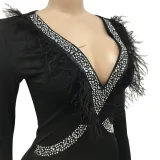 Women'S Fashion Feather Patchwork Beaded V-Neck Long Sleeve One Peice Trousers Sexy Ladies Jumpsuit