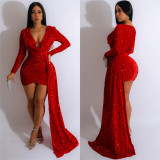 Women'S Fashion Solid Color Sequin V Neck Side Cape Long Sleeve Club Dress