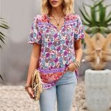 Design Bohemian Casual Shirt Spring Summer Chic Elegant Print Short Sleeve Ladies Blouse