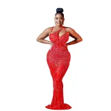 Women'S Fashion Mesh Beaded Sleeveless Straps V-Neck Maxi Dress