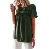 Spring Summer Loose Women'S Shirt Solid Color Round Neck Patchwork Short Sleeve Top