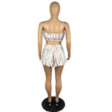 Женские весенне-летние сексуальные шорты с рюшами и принтом, укороченный топ без бретелек, комплект из двух предметов