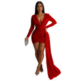 Women'S Fashion Solid Color Sequin V Neck Side Cape Long Sleeve Club Dress