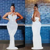 Women'S Fashion Mesh Beaded Sleeveless Straps V-Neck Maxi Dress