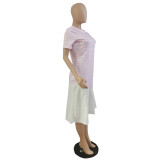 Женское весенне-летнее платье в полоску с принтом в стиле пэчворк и короткими рукавами без пояса