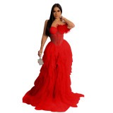 Women'S Fashion Solid Color Sleeveless Wrapped Chest Mesh Maxi Dress