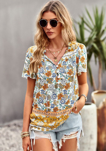 Diseño bohemio camisa casual primavera verano elegante estampado elegante blusa de manga corta para mujer