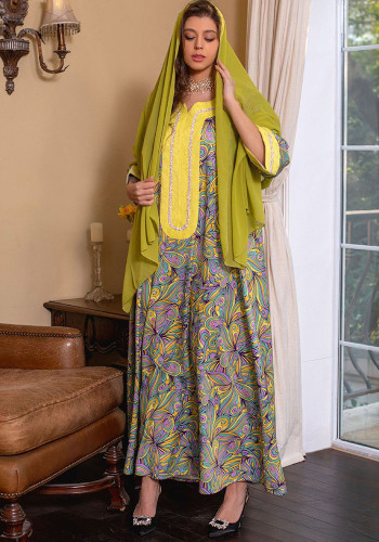 Abaya Ethnic Robe Muslim Jalabiya Arabic Embroidery Beaded Dress