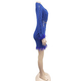 Женская мода V-образным вырезом с длинными рукавами двубортное кружевное платье-блейзер с перьями в стиле пэчворк
