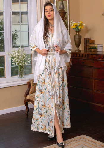 Robe Women'S Abaya Muslim Long-Sleeved Slit Dress With Belt