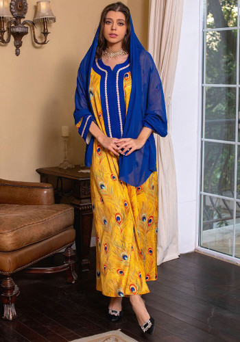 Абая Этническая одежда Мусульманское платье с арабским принтом Джалабия и бисером