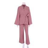 Spring Pajamas Sleepwear Long Sleeve Top Loose Trousers Ladies Solid Color Nightgown Home Absorbent Sweat Steaming Clothes Women