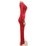 Женская мода Перо Лоскутное бисером V-образным вырезом с длинным рукавом One Peice Брюки Сексуальный женский комбинезон