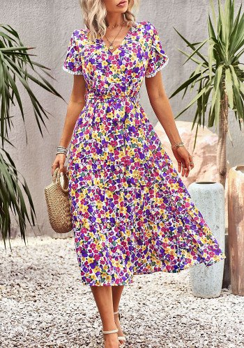 Vestido informal de mujer con abertura corta y manga corta con estampado informal elegante de verano