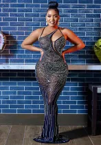 Women'S Fashion Mesh Beaded Sleeveless Straps V-Neck Maxi Dress