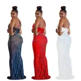 Women'S Fashion Mesh Beaded Sleeveless Straps V-Neck Maxi Dress