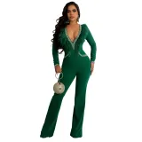 Women'S Fashion Feather Patchwork Beaded V-Neck Long Sleeve One Peice Trousers Sexy Ladies Jumpsuit