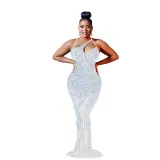Women'S Fashion Mesh Beaded Sleeveless Straps V-Neck Maxi Dress