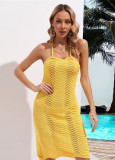 Women Summer Beach Sexy Low Back Cover Up Tank Dress Halter Neck Knitting Holidays Cover Up Dress
