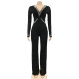 Women'S Fashion Feather Patchwork Beaded V-Neck Long Sleeve One Peice Trousers Sexy Ladies Jumpsuit