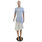 Женское весенне-летнее платье в полоску с принтом в стиле пэчворк и короткими рукавами без пояса