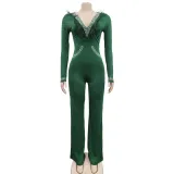 Women'S Fashion Feather Patchwork Beaded V-Neck Long Sleeve One Peice Trousers Sexy Ladies Jumpsuit