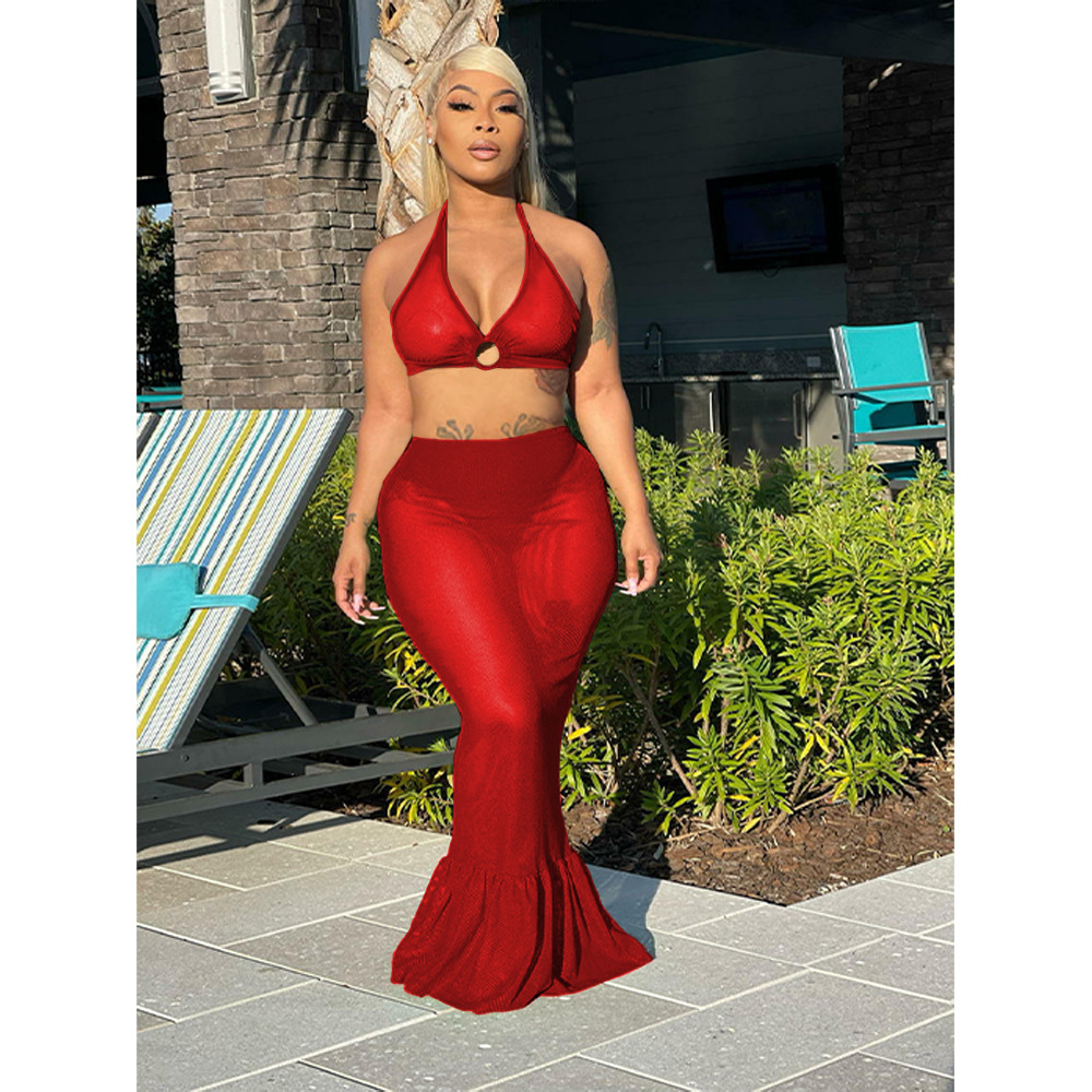 Women'S Plus Size Sexy Fashion See-Through Halter Crop Top Longs Skirt Two  Piece Nightclub Set - The Little Connection