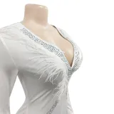 Women'S Fashion Feather Patchwork Beaded V-Neck Long Sleeve One Peice Trousers Sexy Ladies Jumpsuit