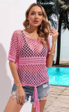 Summer Solid Patchwork Hollow Out Short Sleeve Bikini Beach Cover Up Knitting Smock Top