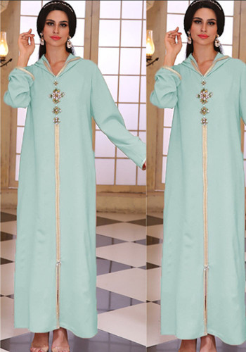 Muslim diamond-studded hooded Green Chiffon Robe