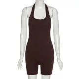 Women Solid Sexy Backless Halter Neck Romper