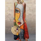 Vrouwen vintage print mouwloze maxi-jurk met ronde hals