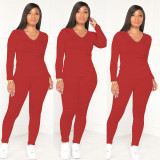 Women Casual V-Neck Long Sleeve Top and Pant Two-Piece Set