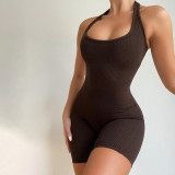 Women Solid Sexy Backless Halter Neck Romper