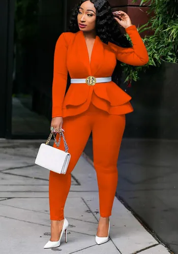 Women Casual Ruffle Blazer and Pant Two-Piece Set