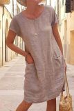 Women Summer Loose Pocket Short Sleeve Round Neck Linen Dress