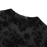 Women Lace Mesh Flock Print See-Through Sexy Long Sleeve Bodysuit
