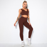 Women seamless knitting Ribbed V-neck short-sleeved Top and Cropped Pants yoga clothing two-piece set