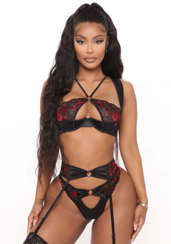 Women lace Mesh Black Embroidered Corset Sexy Lingerie Three-Piece