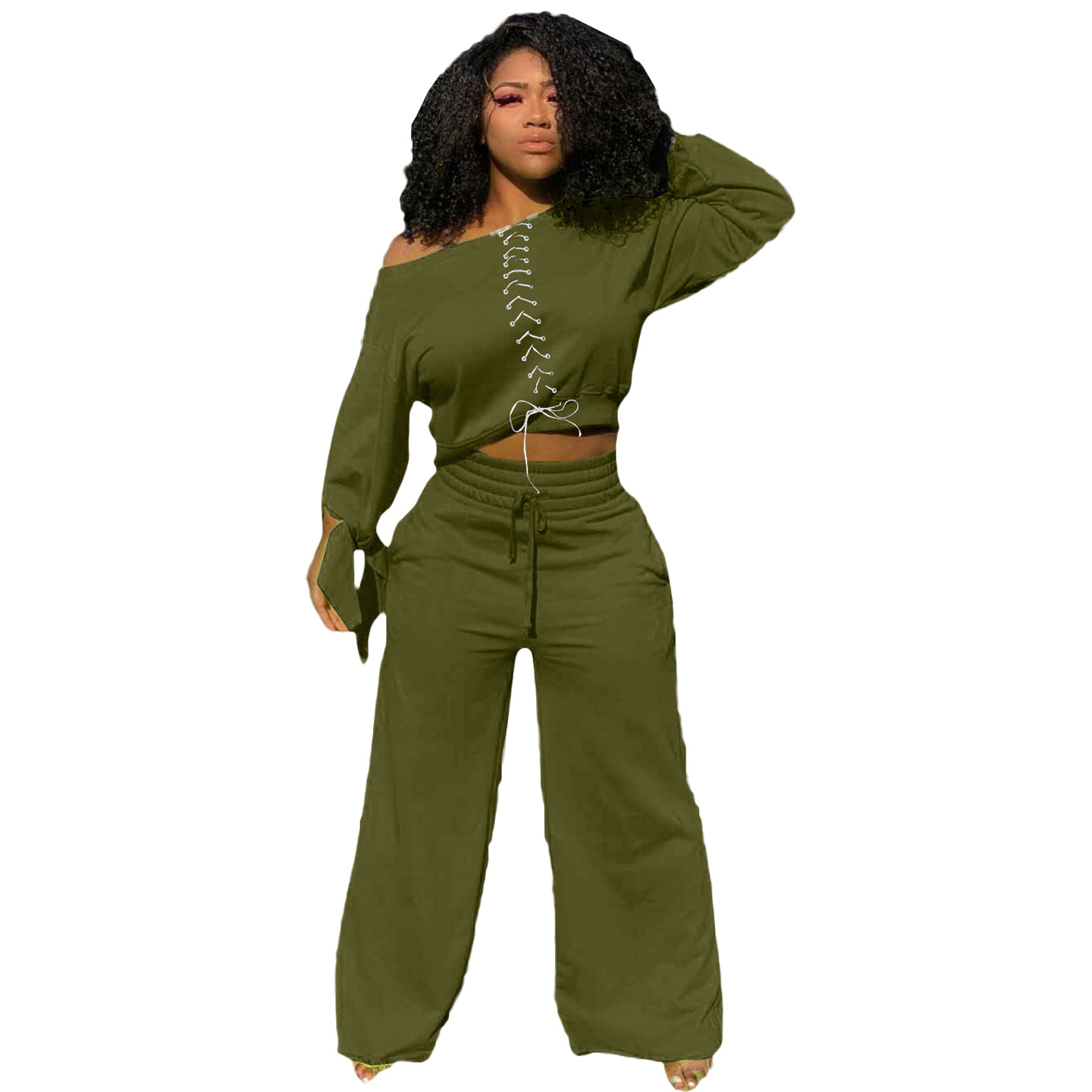 Women's Autumn Fashion Turndown Collar Short Sleeve Shirt Lace-Up Wide Leg  Pants Casual Two Piece Set - The Little Connection