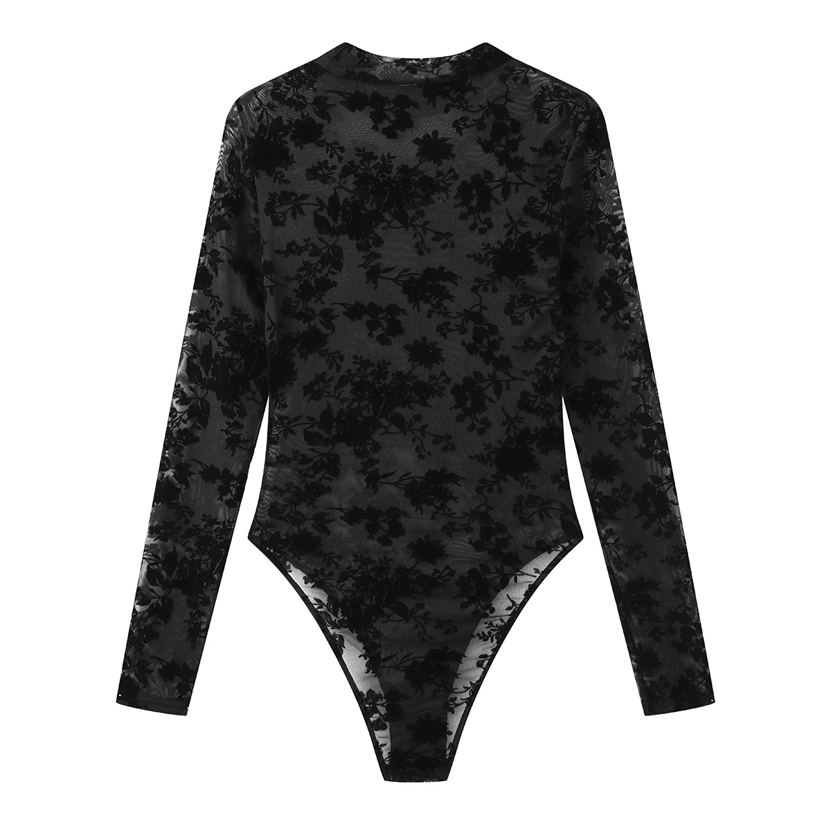 Women Lace Mesh Flock Print See-Through Sexy Long Sleeve Bodysuit - The  Little Connection