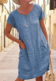 Women Summer Loose Pocket Short Sleeve Round Neck Linen Dress