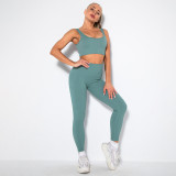 Women seamless knitting Ribbed V-neck short-sleeved Top and Cropped Pants yoga clothing two-piece set