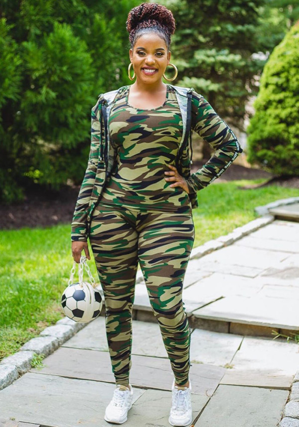 Damesmode casual camouflage print capuchon driedelig
