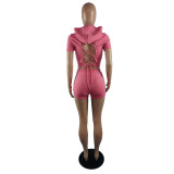 Women's drawstring hollow back hooded solid color sports spring and summer suit
