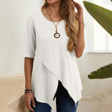Women's Cropped Pullover Round Neck Slim Fit Half-Sleeve Linent Shirt Top