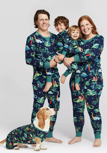 コットンプリントファミリーベビー男の子と女の子の赤ちゃんと犬ヨーロッパ恐竜親子パジャマ
