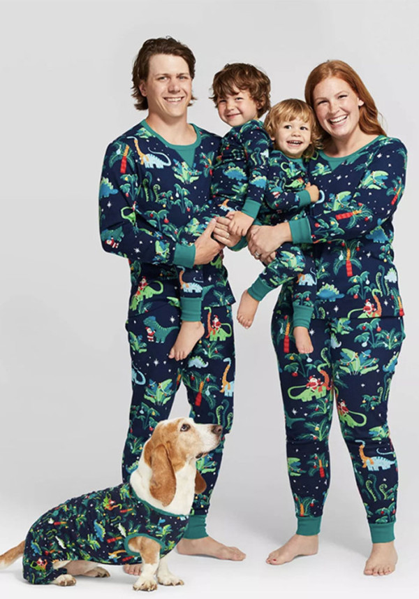 cotton print family baby boys and girls baby with dog European dinosaur parent-child pajamas
